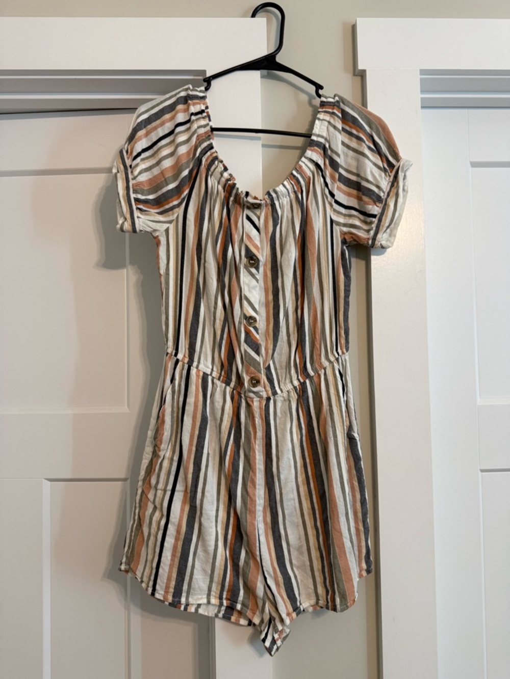 Striped Button Front Romper in Beige, Rust & Black